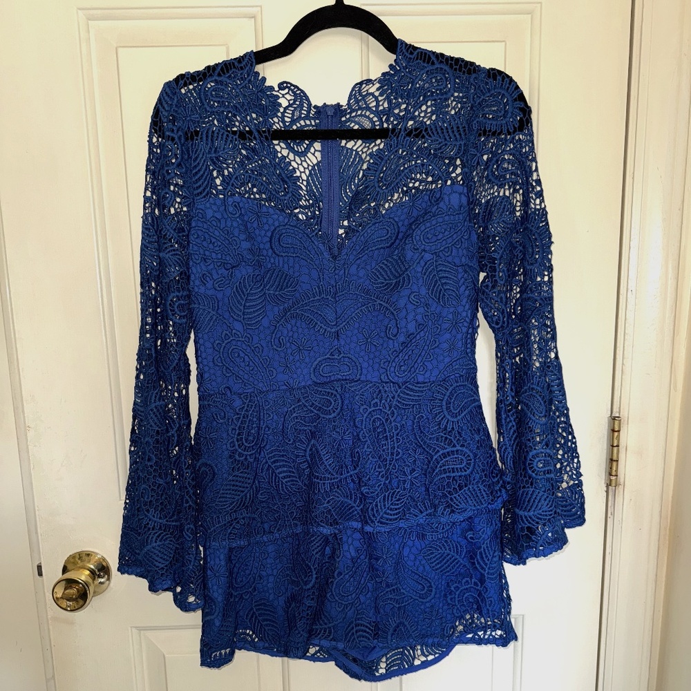 NEW WITH TAGS!!! Blue Crochet Romper with Ruffles Size 6